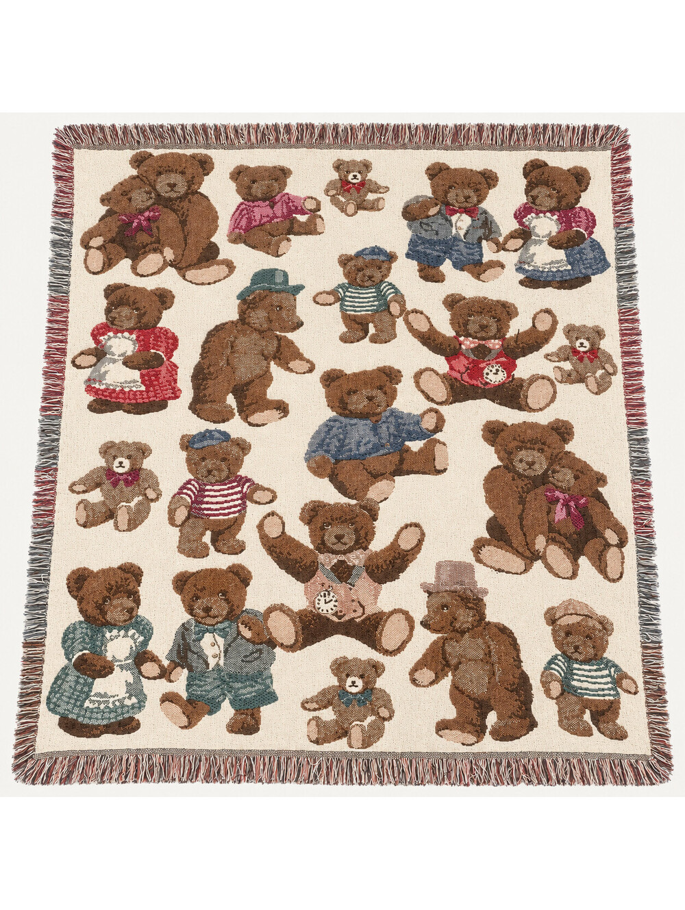 Vintage 1990s Teddy Bear Woven Tapestry Throw Blanket Fringe Cottagecore